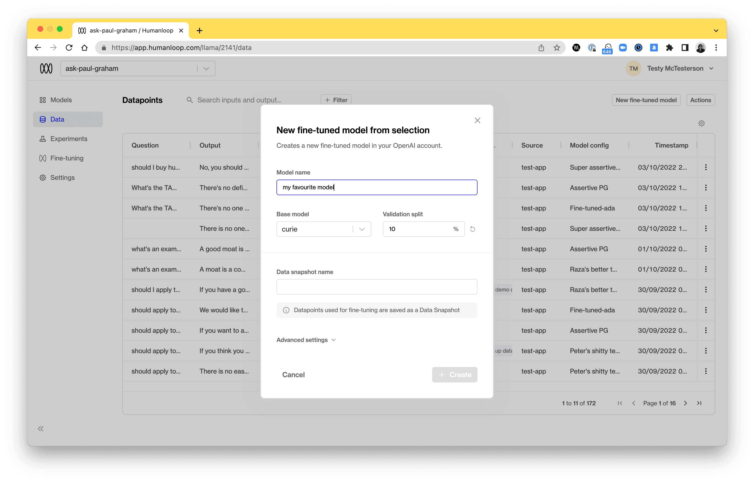 Screenshot showing Humanloop finetuning interface